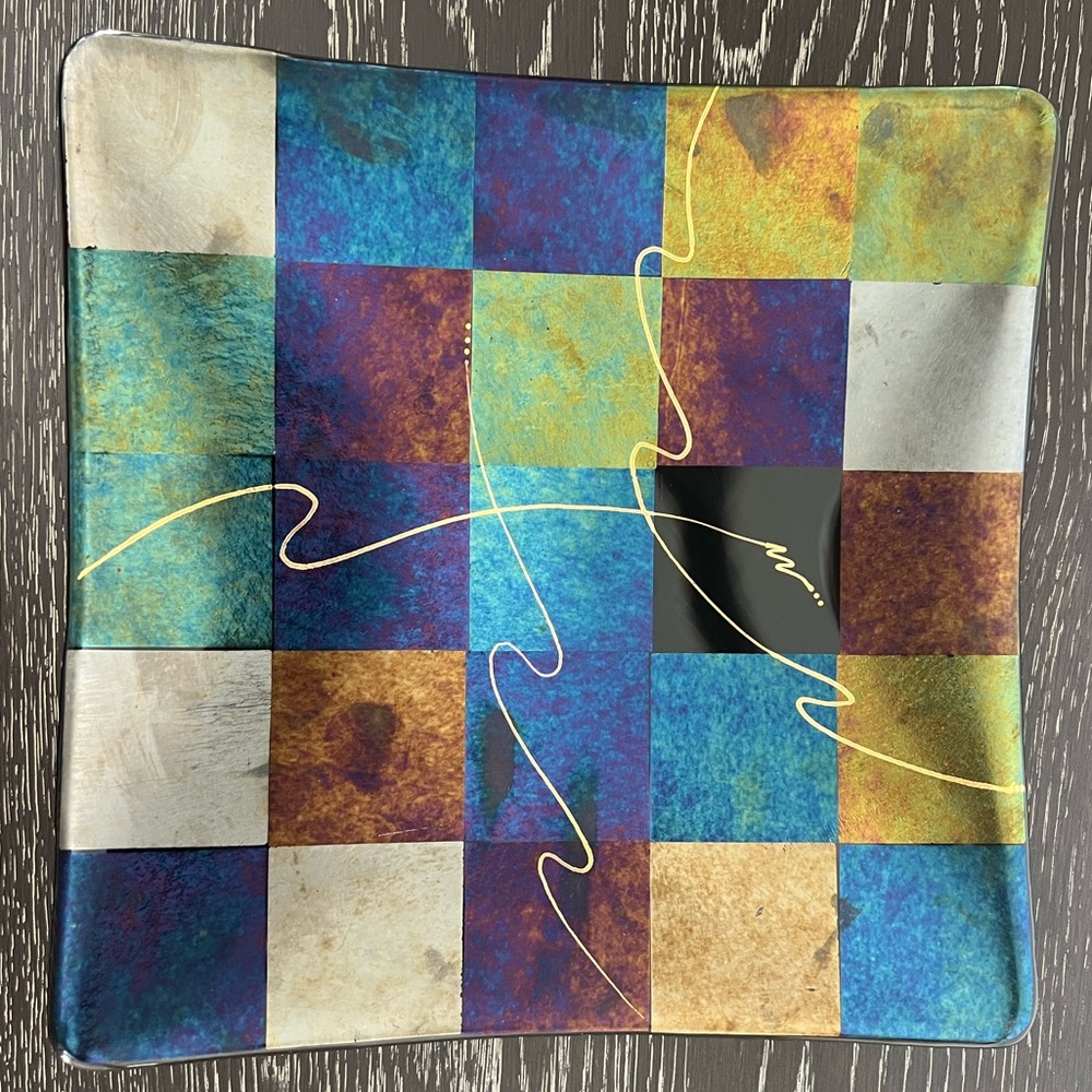 Barrett Studios Fused Art Glass Square Plate Artist Signed